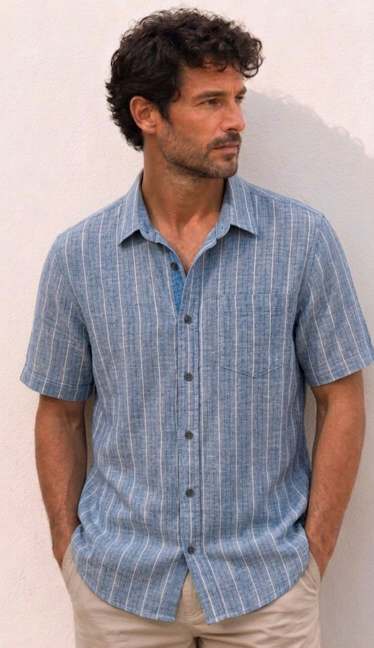 Chemise Rayée Bleu Ciel en Lin-Coton – Coupe Décontractée